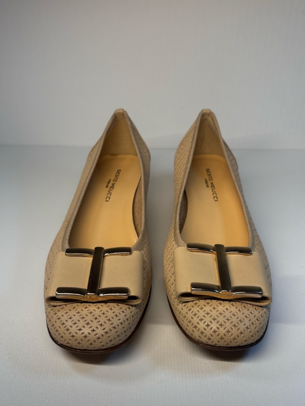 Sesto Meucci Firenze Italy Beige Leather Bow Pumps Block Heel Size 7W - Picture 2 of 14